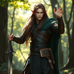 A male elven bladesinger standing elegantly, with long flowing brown hair cascading down his shoulders