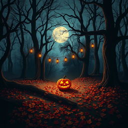 A realistic Halloween background depicting a spooky forest scene at night