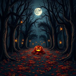 A realistic Halloween background depicting a spooky forest scene at night