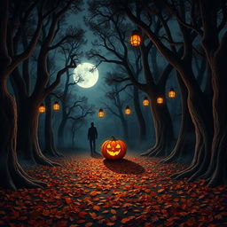 A realistic Halloween background depicting a spooky forest scene at night