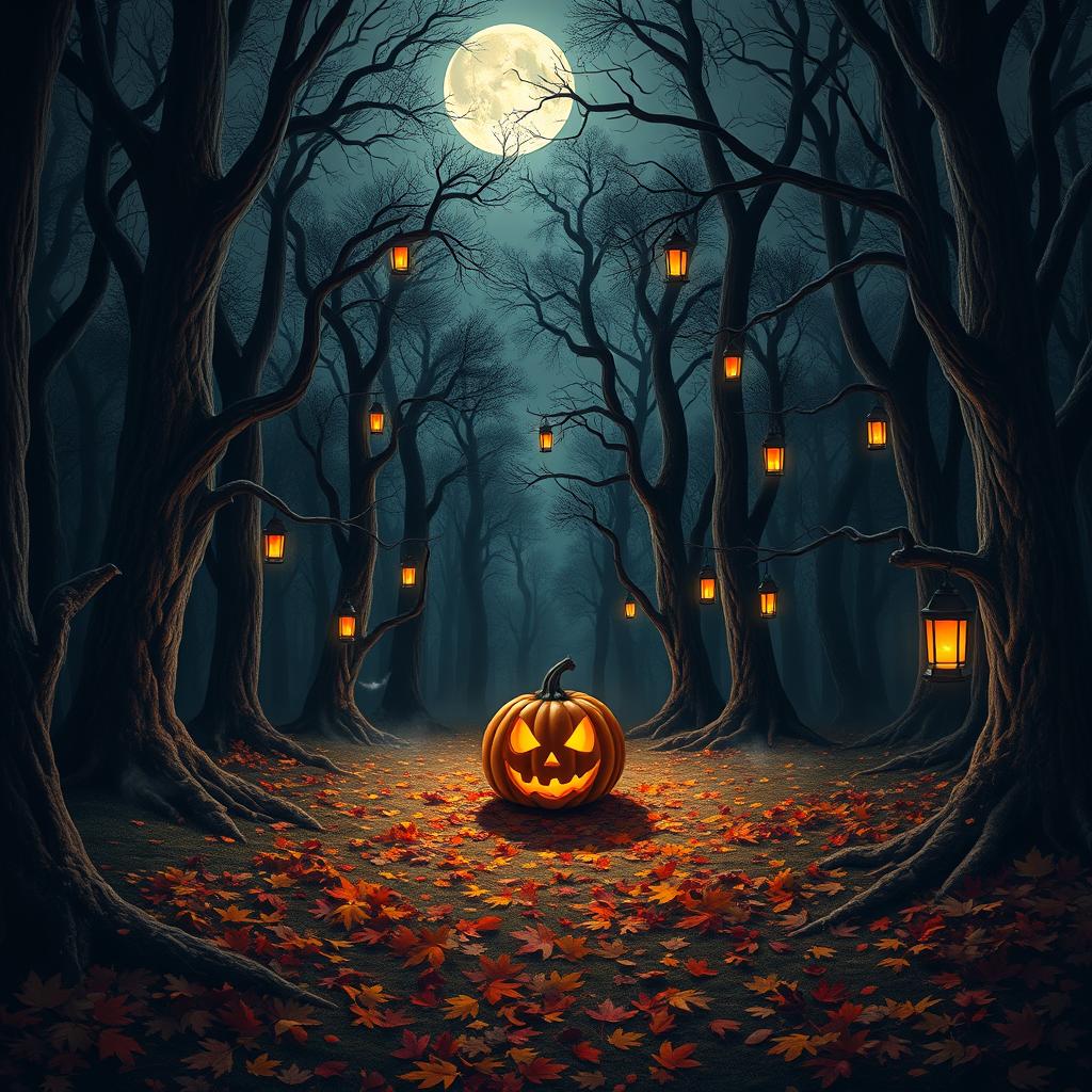 A realistic Halloween background depicting a spooky forest scene at night