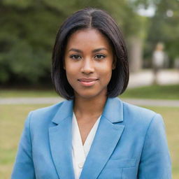 A pretty young woman with a short and neat straight black middle-length hair, light skin tone, of average build, shorter than average height. She has small, foxy brown eyes, a pointy nose, and is attired in a light blue university blazer uniform.