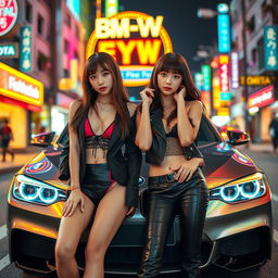 An extreme portrayal of two gorgeous 25-year-old Korean girls with bangs, captured in full-body shots against the stunning backdrop of a sleek BMW car on a lively nightclub street