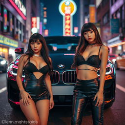 An extreme portrayal of two gorgeous 25-year-old Korean girls with bangs, captured in full-body shots against the stunning backdrop of a sleek BMW car on a lively nightclub street