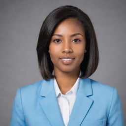 A pretty young woman with a short and neat straight black middle-length hair, light skin tone, of average build, shorter than average height. She has small, foxy brown eyes, a pointy nose, and is attired in a light blue university blazer uniform.