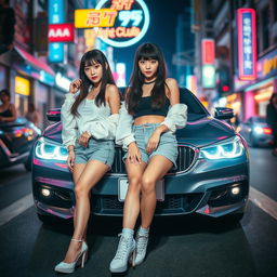 An extreme portrayal of two gorgeous 25-year-old Korean girls with bangs, captured in full-body shots against the stunning backdrop of a sleek BMW car on a lively nightclub street