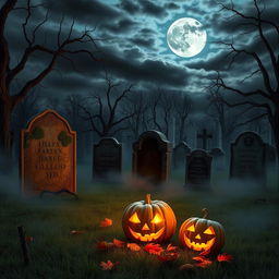 A realistic Halloween background depicting an eerie graveyard at twilight