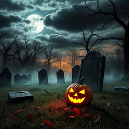 A realistic Halloween background depicting an eerie graveyard at twilight