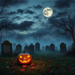 A realistic Halloween background depicting an eerie graveyard at twilight