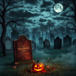 A realistic Halloween background depicting an eerie graveyard at twilight