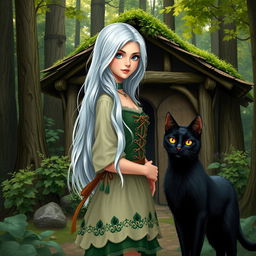 A beautiful young woman with long, flowing white hair, dressed in a charming, whimsical outfit, standing gracefully in front of a quaint forest hut