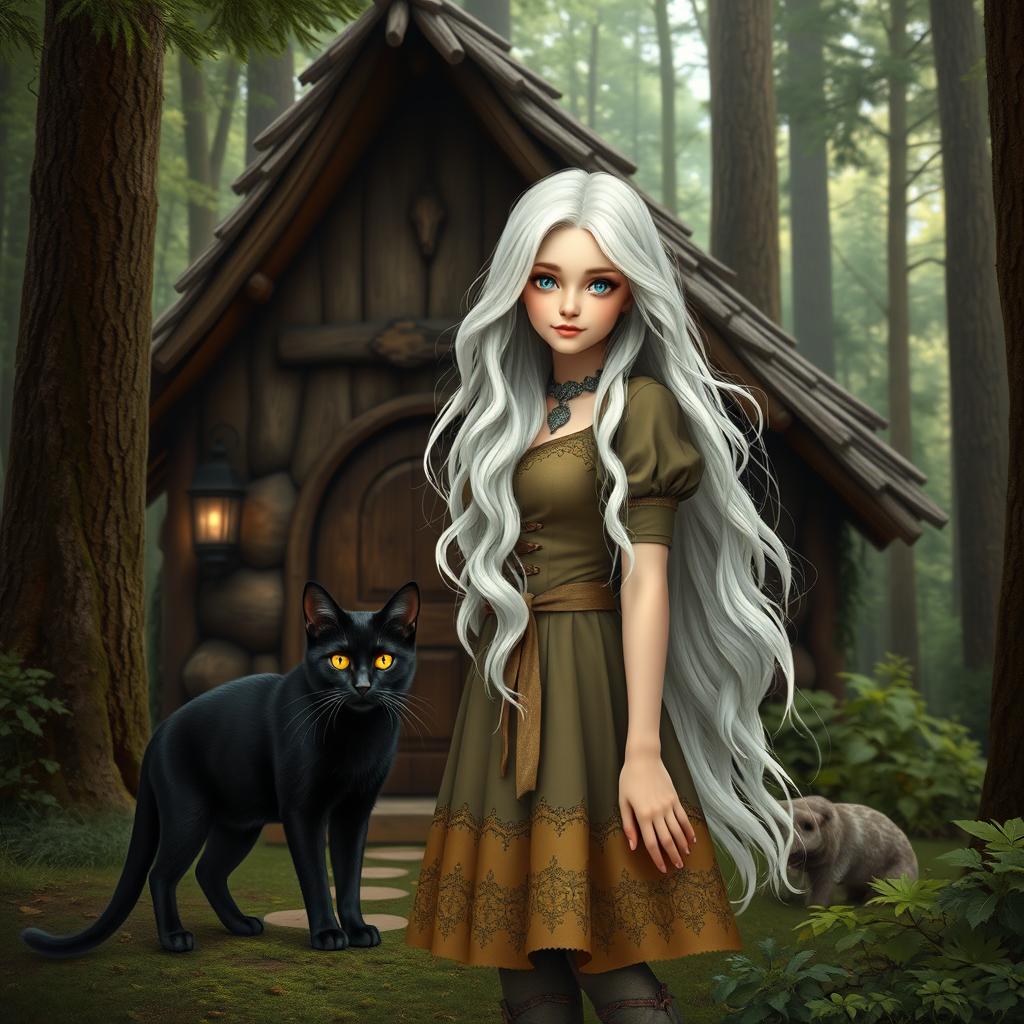 A beautiful young woman with long, flowing white hair, dressed in a charming, whimsical outfit, standing gracefully in front of a quaint forest hut