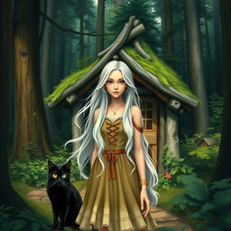 A beautiful young woman with long, flowing white hair, dressed in a charming, whimsical outfit, standing gracefully in front of a quaint forest hut