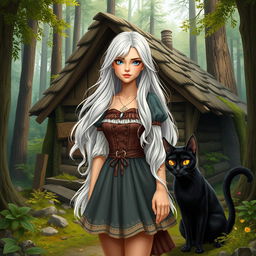 A beautiful young woman with long, flowing white hair, dressed in a charming, whimsical outfit, standing gracefully in front of a quaint forest hut