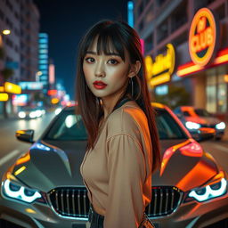 An extreme portrayal of a gorgeous 30-year-old Korean girl with bangs, captured in a full-body shot against the backdrop of a sleek BMW car on a lively nightclub road