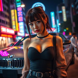 An extreme portrayal of a gorgeous 30-year-old Korean girl with bangs, captured in a full-body shot against the backdrop of a sleek BMW car on a lively nightclub road