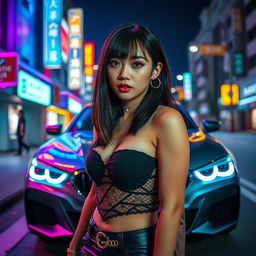 An extreme portrayal of a gorgeous 30-year-old Korean girl with bangs, captured in a full-body shot against the backdrop of a sleek BMW car on a lively nightclub road