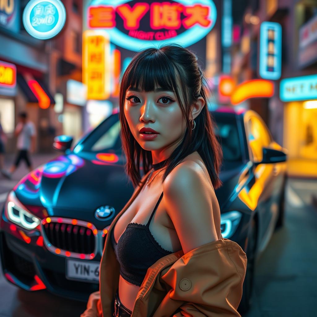 An extreme portrayal of a gorgeous 30-year-old Korean girl with bangs, captured in a full-body shot against the backdrop of a sleek BMW car on a lively nightclub road