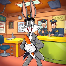 A comical scene depicting Bugs Bunny in a cartoonish police station, handcuffed but with a cheeky grin on his face