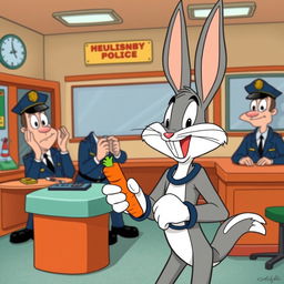 A comical scene depicting Bugs Bunny in a cartoonish police station, handcuffed but with a cheeky grin on his face