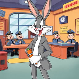 A comical scene depicting Bugs Bunny in a cartoonish police station, handcuffed but with a cheeky grin on his face