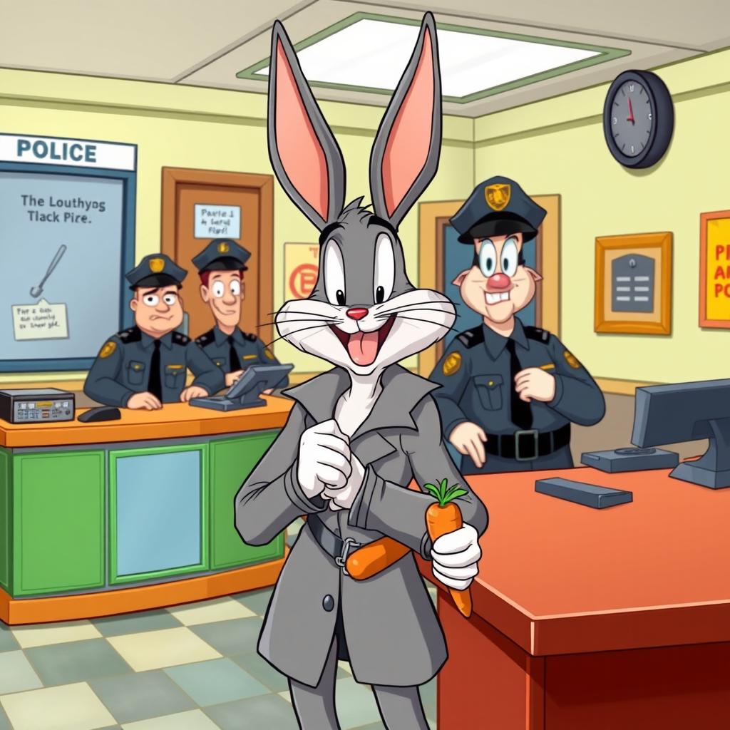 A comical scene depicting Bugs Bunny in a cartoonish police station, handcuffed but with a cheeky grin on his face