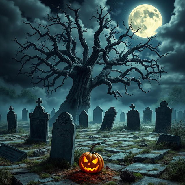 A realistic Halloween background depicting a haunted cemetery at night