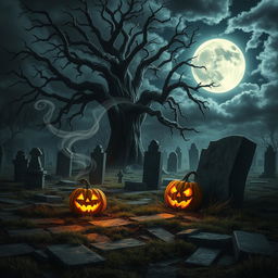 A realistic Halloween background depicting a haunted cemetery at night