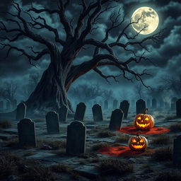 A realistic Halloween background depicting a haunted cemetery at night