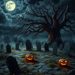 A realistic Halloween background depicting a haunted cemetery at night