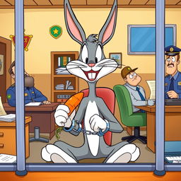 A playful and humorous illustration of Bugs Bunny being arrested in a cartoonish police station