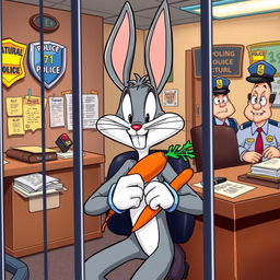 A playful and humorous illustration of Bugs Bunny being arrested in a cartoonish police station