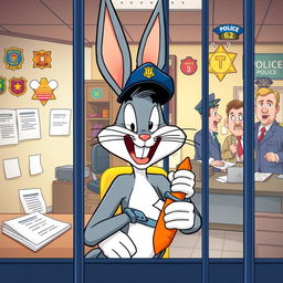 A playful and humorous illustration of Bugs Bunny being arrested in a cartoonish police station