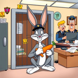 A playful and humorous illustration of Bugs Bunny being arrested in a cartoonish police station