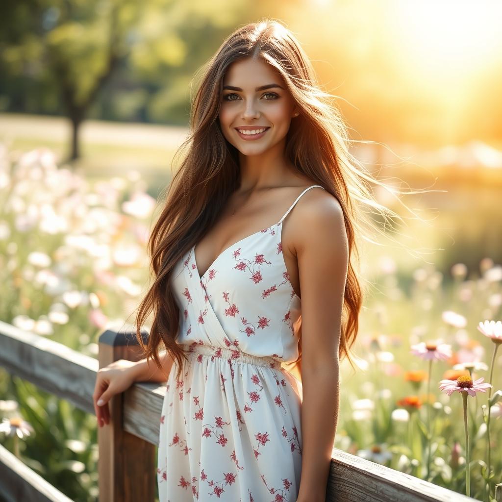 A sensual American girl with long flowing brunette hair, wearing a stylish summer dress that gently billows in the breeze