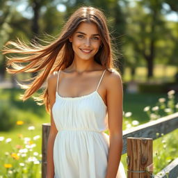 A sensual American girl with long flowing brunette hair, wearing a stylish summer dress that gently billows in the breeze