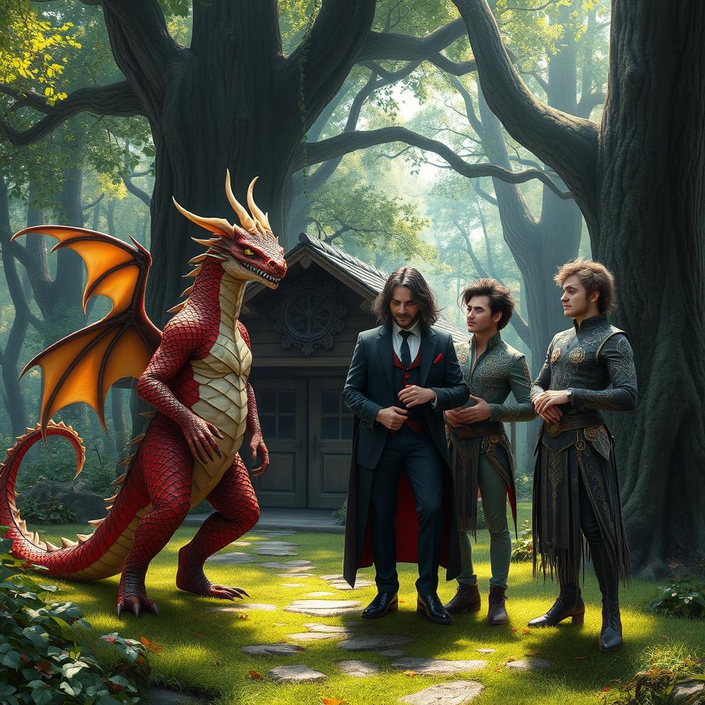 A fantastical scene set in a lush, enchanted forest featuring a man-dragon with vibrant scales and fierce eyes, standing proudly next to a man-vampire with a charming yet menacing demeanor