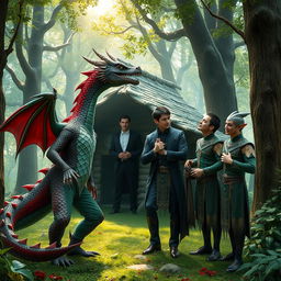 A fantastical scene set in a lush, enchanted forest featuring a man-dragon with vibrant scales and fierce eyes, standing proudly next to a man-vampire with a charming yet menacing demeanor