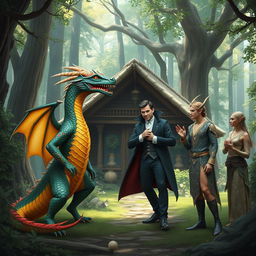 A fantastical scene set in a lush, enchanted forest featuring a man-dragon with vibrant scales and fierce eyes, standing proudly next to a man-vampire with a charming yet menacing demeanor