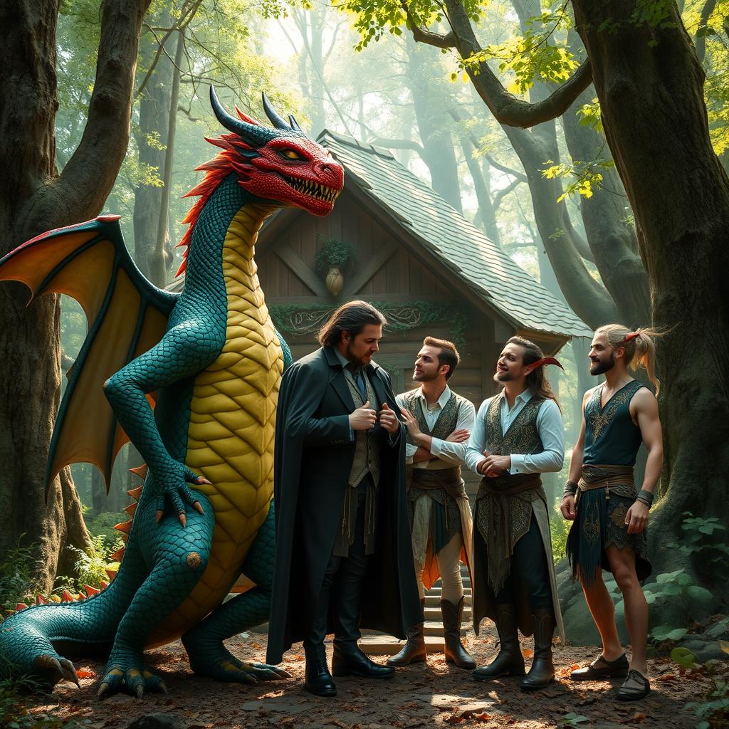 A fantastical scene set in a lush, enchanted forest featuring a man-dragon with vibrant scales and fierce eyes, standing proudly next to a man-vampire with a charming yet menacing demeanor