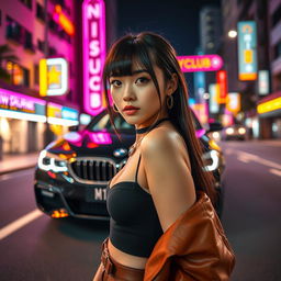 An extreme portrayal of a gorgeous 30-year-old Korean girl with bangs, displayed in a full-body shot against a backdrop of a sleek BMW car on a lively nightclub road