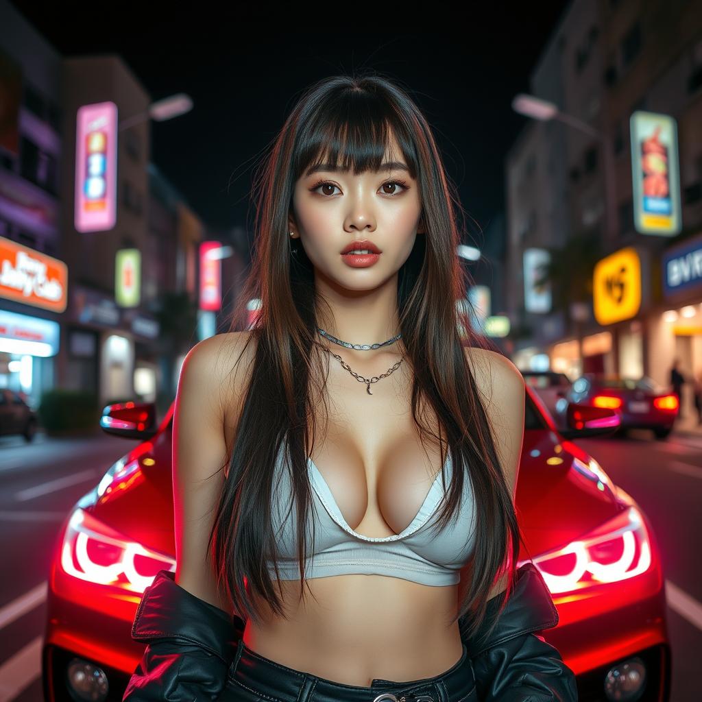 An extreme portrayal of a gorgeous 30-year-old Korean girl with bangs, displayed in a full-body shot against a backdrop of a sleek BMW car on a lively nightclub road