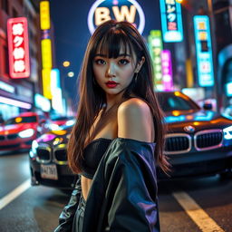 An extreme portrayal of a gorgeous 30-year-old Korean girl with bangs, displayed in a full-body shot against a backdrop of a sleek BMW car on a lively nightclub road