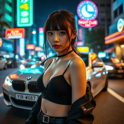 An extreme portrayal of a gorgeous 30-year-old Korean girl with bangs, displayed in a full-body shot against a backdrop of a sleek BMW car on a lively nightclub road