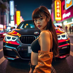 An extreme portrayal of a gorgeous 30-year-old Korean girl with bangs, presented in a full-body shot against the backdrop of a sleek BMW car on a vibrant nightclub road