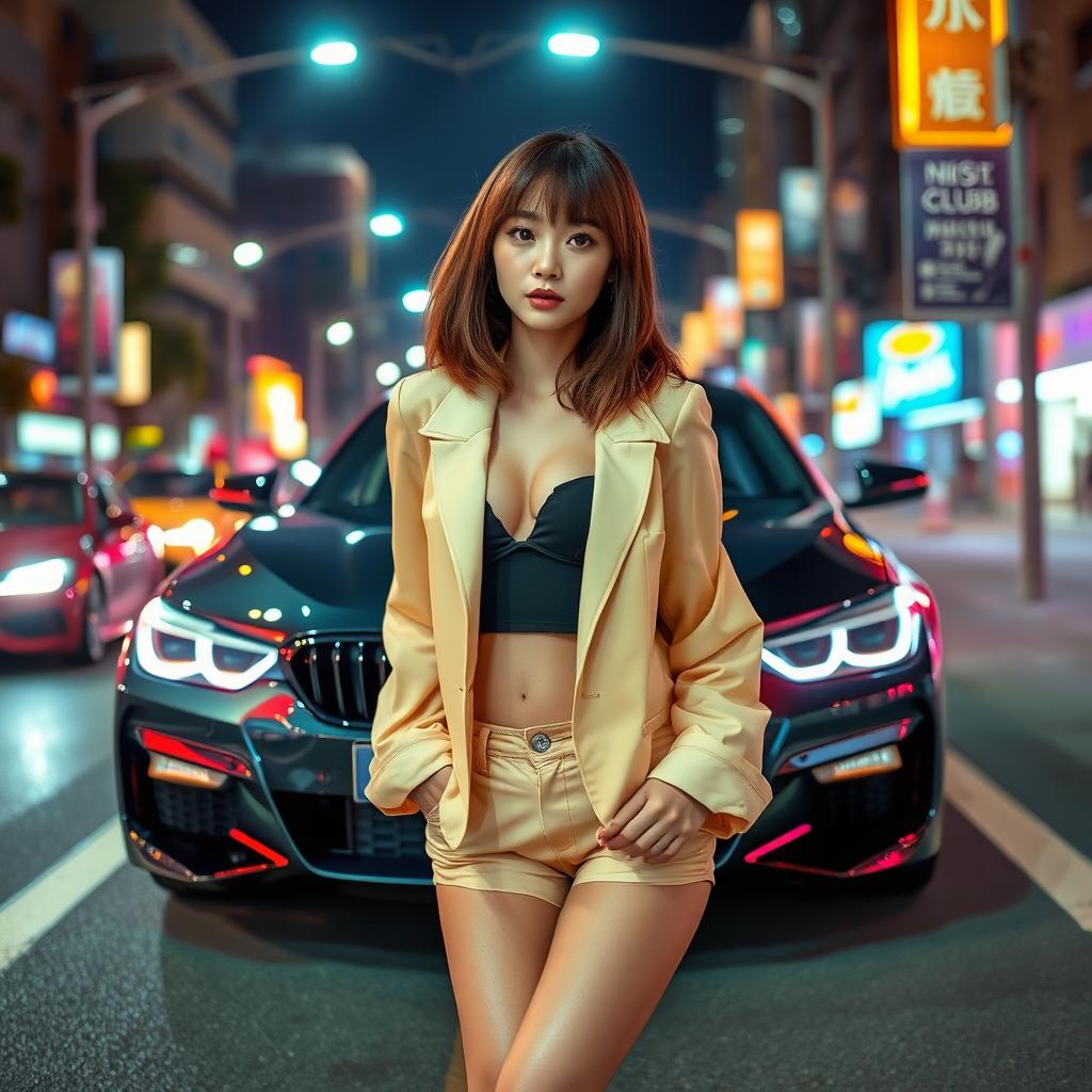 An extreme portrayal of a gorgeous 30-year-old Korean girl with bangs, presented in a full-body shot against the backdrop of a sleek BMW car on a vibrant nightclub road