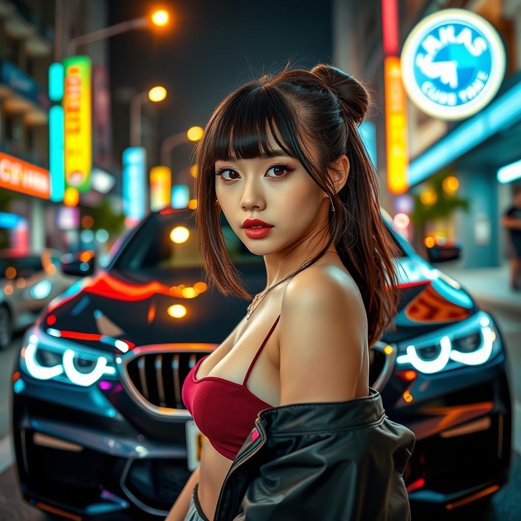 An extreme portrayal of a gorgeous 30-year-old Korean girl with bangs, presented in a full-body shot against the backdrop of a sleek BMW car on a vibrant nightclub road