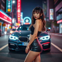 An extreme portrayal of a gorgeous 30-year-old Korean girl with bangs, presented in a full-body shot against the backdrop of a sleek BMW car on a vibrant nightclub road