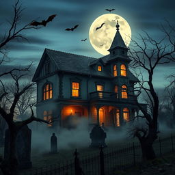 A realistic Halloween background showcasing a haunted mansion set against a twilight sky