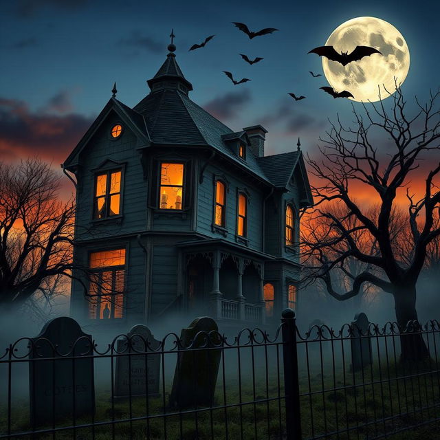 A realistic Halloween background showcasing a haunted mansion set against a twilight sky